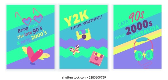 Trending Y2K vertical posters set. Late 90s early 2000s. Trendy, free, bubbly, fun aesthetic. Nostalgia concept. Editable vector illustration in bright pink, lime, violett colors. Banners collection
