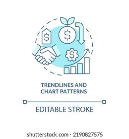 Icono de concepto turquesa de líneas de tendencia y patrones de gráfico. Ilustración de líneas delgadas de ideas abstractas de estrategia de comercialización de tendencias. Dibujo de contorno aislado. Trazo editable. Fuentes Arial, Myriad Pro-Bold utilizadas