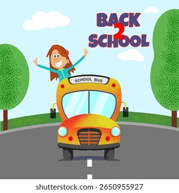 Trendly BACK TO SCHOOL Banner with a smiling child in a yellow school bus on the background of trees, blue sky, road Cartoon vector illustration.