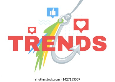 Trends catching web banner template with typography. Social media tendency chasing, forecasting flat vector poster. Feedbacks analyzing. Digital market analysis, business analytics illustration
