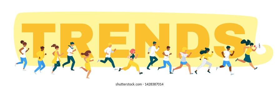 Trends chasing flat vector web banner template. Future tendency hunting, consumerism. Office workers team, marketers, business analysts running. Pursuit, competition illustration. Leadership race