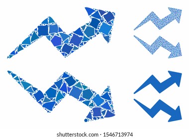 Trends composition of raggy items in various sizes and color tinges, based on trends icon. Vector raggy pieces are organized into illustration. Trends icons collage with dotted pattern.