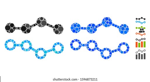 Trends composition of spheric dots in various sizes and color hues, based on trends icon. Vector dots are grouped into blue collage. Dotted trends icon in usual and blue versions.