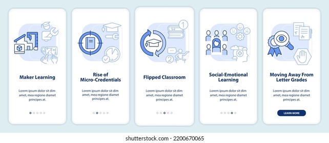 Trends in education light blue onboarding mobile app screen. Learning walkthrough 5 steps editable graphic instructions with linear concepts. UI, UX, GUI template. Myriad Pro-Bold, Regular fonts used