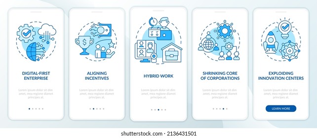 Trends in enterprise blue onboarding mobile app screen. Business walkthrough 5 steps graphic instructions pages with linear concepts. UI, UX, GUI template. Myriad Pro-Bold, Regular fonts used