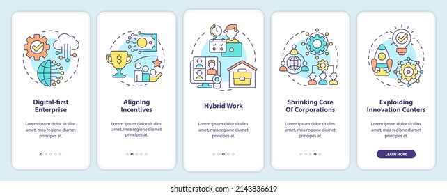 Trends in enterprise onboarding mobile app screen. Business development walkthrough 5 steps graphic instructions pages with linear concepts. UI, UX, GUI template. Myriad Pro-Bold, Regular fonts used
