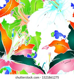 Trends Floral Seamless Pattern. Modern Botanical Vector Motif. Blooming Texture For Fashion Prints. Outline Lily Flowers Surface. Style Background. Elegant Sketches Drawing Illustrated.