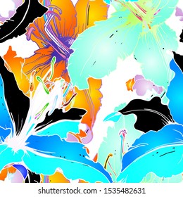 Trends Floral Seamless Pattern. Modern Botanical Vector Motif. Blooming Texture For Fashion Prints. Outline Lily Flowers Surface. Summer Design. Elegant Sketches Drawing Illustrated.