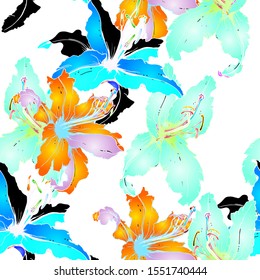 Trends Floral Seamless Pattern. Modern Botanical Vector Motif. Blooming Texture For Fashion Prints. Outline Lily Flowers Surface. Art Design. Elegant Sketches Drawing Illustrated.