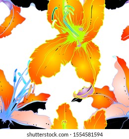 Trends Floral Seamless Pattern. Modern Botanical Vector Motif. Blooming Texture For Fashion Prints. Outline Lily Flowers Surface. Art Design. Elegant Sketches Drawing Illustrated.