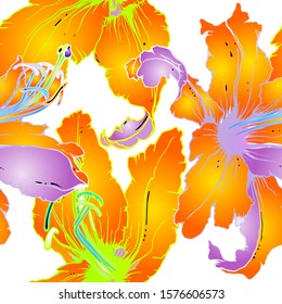 Trends Floral Seamless Pattern. Modern Botanical Vector Motif. Blooming Texture For Fashion Prints. Outline Lily Flowers Surface. Summer Ornament. Elegant Sketches Drawing Illustrated.