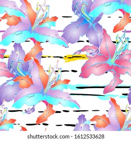 Trends Floral Seamless Pattern. Modern Botanical Vector Motif. Blooming Texture For Fashion Prints. Outline Lily Flowers Surface. Stripes Line Style Design. Elegant Sketches Drawing Illustrated.
