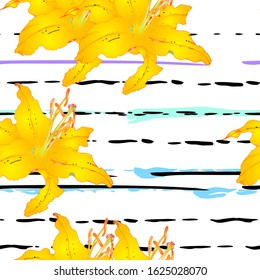 Trends Floral Seamless Pattern. Modern Botanical Vector Motif. Blooming Texture For Fashion Prints. Outline Lily Flowers Surface. Stripes Line Style Design. Elegant Sketches Drawing Illustrated.