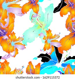 Trends Floral Seamless Pattern. Modern Botanical Vector Motif. Blooming Texture For Fashion Prints. Outline Lily Flowers Surface. Hand Drawn Background. Elegant Sketches Drawing Illustrated.