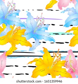 Tendencias Floral sin soldadura. Moderno Vector Botánico Motif. Textura Floreciente Para Las Impresiones De Moda. Contorno de la superficie de las flores de lirio. Diseño de estilo de línea de franjas. Dibujo Elegante Dibujo Ilustrado.