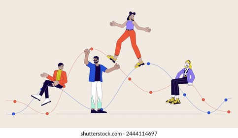 Trends graph people 2D linear illustration concept. Line chart waves, diverse adults cartoon scene on beige background. Expenses income. Comparison performance metaphor abstract flat vector graphic