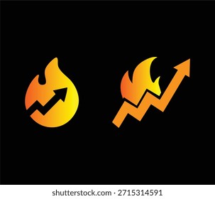 Las tendencias resaltan los iconos de postflame más populares. Icono de fuego sólido y flecha hacia arriba que representa el crecimiento viral, la tendencia caliente y la Popularidad del mercado