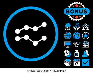 Trends icon with bonus. Vector illustration style is flat iconic bicolor symbols, blue and white colors, black background.