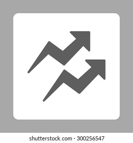 Trends icon. This flat rounded square button uses dark gray and white colors and isolated on a silver background.