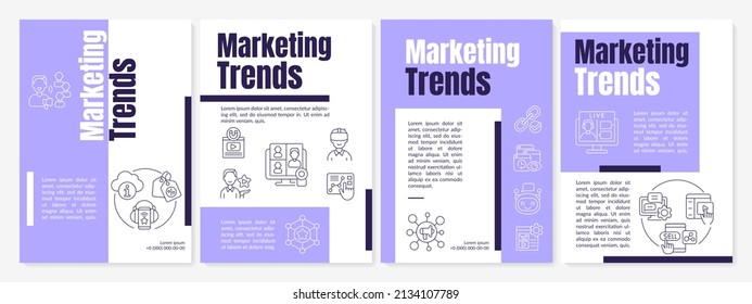 Trends of marketing purple brochure template. Advertise campaign. Leaflet design with linear icons. 4 vector layouts for presentation, annual reports. Anton-Regular, Lato-Regular fonts used