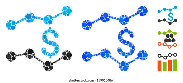 Trends mosaic of filled circles in various sizes and color tints, based on trends icon. Vector small circles are grouped into blue collage. Dotted trends icon in usual and blue versions.