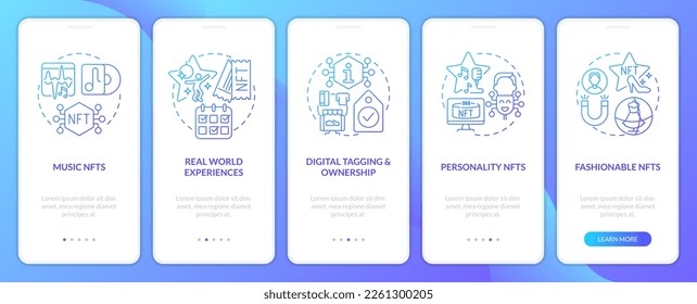 Trends in NFT space blue gradient onboarding mobile app screen. Development walkthrough 5 steps graphic instructions with linear concepts. UI, UX, GUI template. Myriad Pro-Bold, Regular fonts used