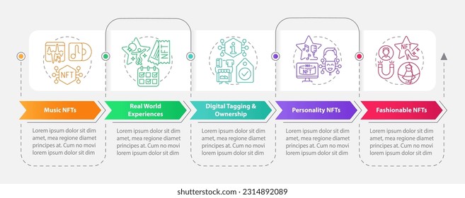 Trends in NFT space rectangle infographic template. Development. Data visualization with 5 steps. Editable timeline info chart. Workflow layout with line icons. Myriad Pro-Bold, Regular fonts used