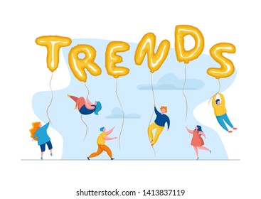 Сhasing trends. Popular content searching. Conceptual illustration of tiny people hanging on giant balloons lettering «Trends». Vector modern illustration.