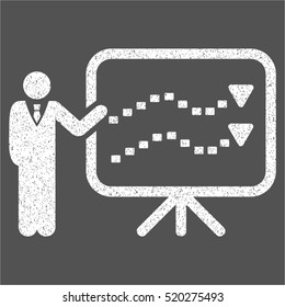Trends Presentation grainy textured icon for overlay watermark stamps. Flat symbol with dust texture. Dotted vector white ink rubber seal stamp with grunge design on a gray background.