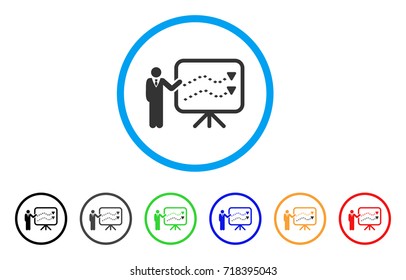 Trends Presentation rounded icon. Style is a flat trends presentation grey symbol inside light blue circle with black, gray, green, blue, red, orange color versions.