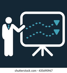 Trends Presentation vector toolbar icon. Style is bicolor flat icon symbol, blue and white colors, dark blue background, rhombus dots.
