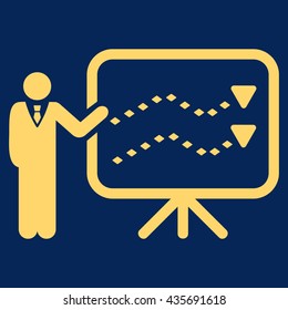 Trends Presentation vector toolbar icon. Style is flat icon symbol, yellow color, blue background, rhombus dots.