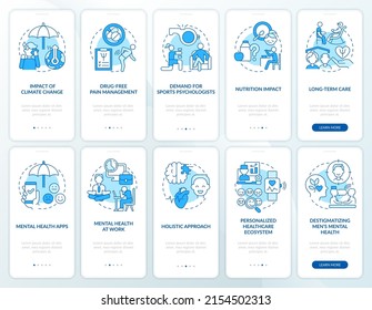 Trends in psychology blue onboarding mobile app screen set. Mental health walkthrough 5 steps graphic instructions pages with linear concepts. UI, UX, GUI template. Myriad Pro-Bold, Regular fonts used