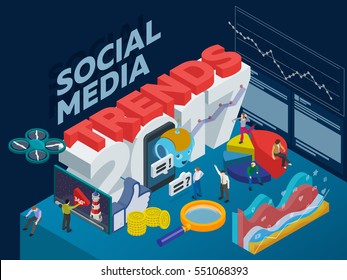 Tendências nas mídias sociais 2017. Banner isométrico 3D plano. Chatbot, vídeo 360 graus, promoção SMM, análise online. Layout do modelo de conceito de inspiração, diagrama, intensificar. Pessoas no trabalho