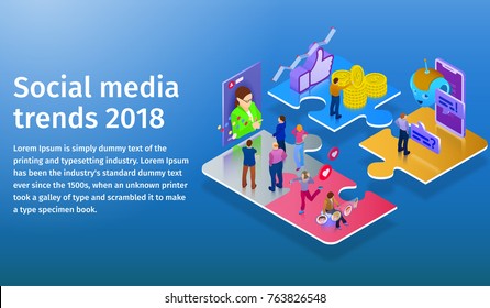 Trends in social media 2018. Chatbot, video broadcast, stories, SMM promotion, online analytics. People in social network. 3d puzzle pieces. Flat 3d isometric banner. Website banner templates.