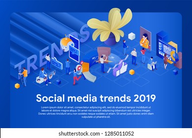 Trends in social network 2019. Flat 3d isometric banner. Chatbot, video broadcast, stories, SMM promotion, online analytics. Inspiration concept template layout, diagram. Vector image.