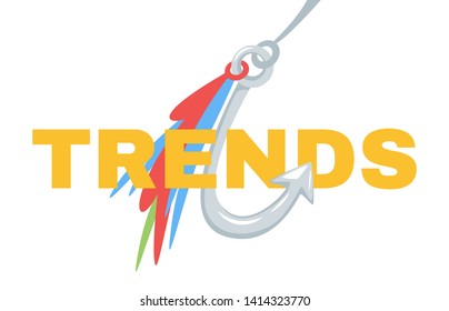 Trends typography on fishhook web banner template. Future tendency chasing, forecasting flat vector poster with text. Fishing as market analysis, business analytics metaphor illustration