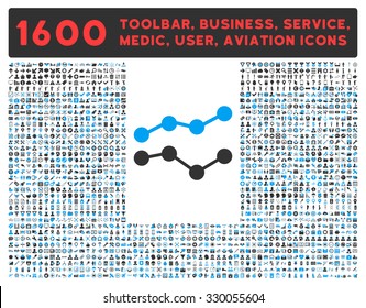 Trends vector icon and 1600 other business, service tools, medical care, software toolbar, web interface pictograms. Style is bicolor flat symbols, blue and gray colors, rounded angles, white