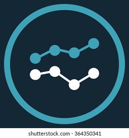 Trends vector icon. Style is bicolor flat circled symbol, blue and white colors, rounded angles, dark blue background.