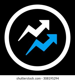 Trends vector icon. This flat rounded symbol uses blue and white colors and isolated on a black background.