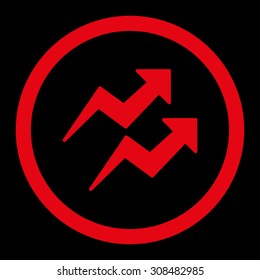 Trends vector icon. This flat rounded symbol uses red color and isolated on a black background.