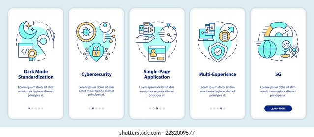 Trends in website development onboarding mobile app screen. Walkthrough 5 steps editable graphic instructions with linear concepts. UI, UX, GUI template. Myriad Pro-Bold, Regular fonts used