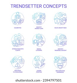 Conjunto de iconos de concepto de degradado azul de Trendsetter. Medios sociales. Nuevo enfoque. Análisis predictivo. Estrategia de marketing. Idea innovadora. Ilustraciones de color de línea delgada de la idea de trazador de tendencias. Símbolos aislados