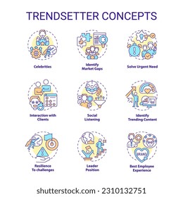 Trendsetter concept icons set. Social media. New approach. Predictive analytics. Marketing strategy. Innovative idea. Trend setter idea thin line color illustrations. Isolated symbols. Editable stroke