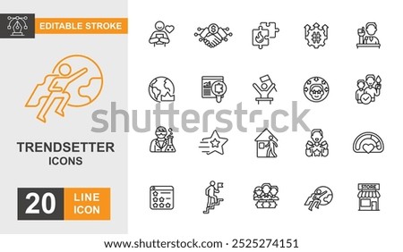 Trendsetter icon set. Growth, research, aspiration, innovation, progress and more line icon editable stroke.