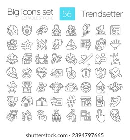 Trendsetter linear icons set. New trend. Predictive analytics. Innovative solution. Creative thinking. Customizable thin line symbols. Isolated vector outline illustrations. Editable stroke