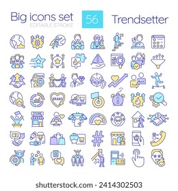 Trendsetter RGB color icons set. Trend setter. Starting new. Innovative idea. Social media. Public relation. Isolated vector illustrations. Simple filled line drawings collection. Editable stroke