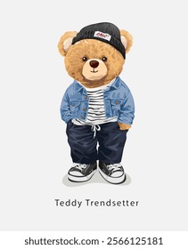 trendsetter slogan with bear doll in denim jacket style vector illustration