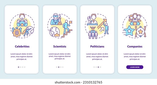 Trendsetters onboarding mobile app screen. New trend. Opinion leader walkthrough 4 steps editable graphic instructions with linear concepts. UI, UX, GUI template. Myriad Pro-Bold, Regular fonts used