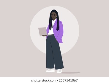 A trendsetting figure in a striking purple jacket stands poised with a laptop, embodying creativity and flair in a serene, pastel environment that inspires innovation